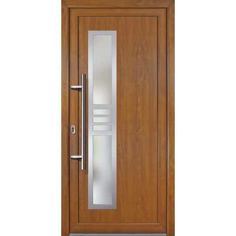 Meeth – Porte d'entrée bois Exklusiv modèle 53 – Intérieur blanc, extérieur chêne doré – Largeur 98cm, hauteur 200cm – Sens d'ouverture tirant gauche