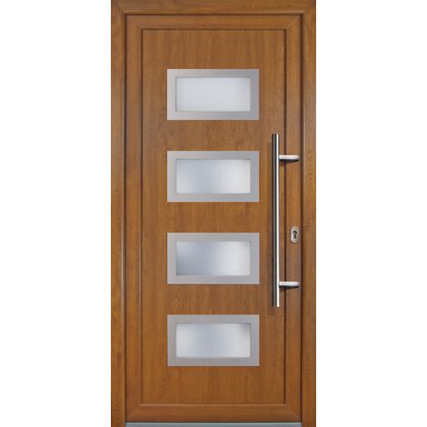 Meeth – Porte d'entrée bois 98cm x 208cm – Intérieur blanc, extérieur chêne doré – Sens d'ouverture tirant droit – Isolation thermique 1,6 Ud