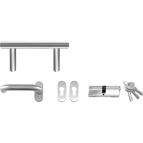 Meeth – Poignée de porte d'entrée à cylindre en acier inoxydable – Entraxe 40mm – Béquille intérieure – Cylindre avec 3 clés – Rosettes inox