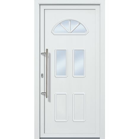 Meeth – Porte d'entrée classique 98cm x 208cm – PVC blanc intérieur/extérieur – Sens d'ouverture tirant gauche – Double vitrage isolant