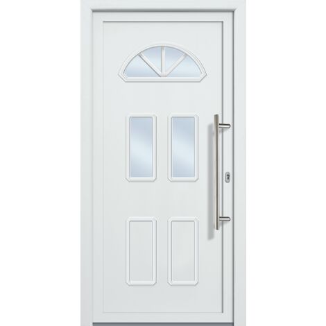 Meeth – Porte d'entrée classique 108cm x 208cm – PVC blanc intérieur/extérieur – Sens d'ouverture tirant droit – Double vitrage isolant