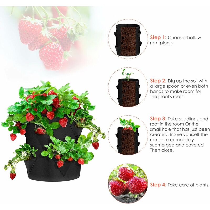WZXGNGNCA Pflanzsack Erdbeeren Pflanzsack aus Vliesstoff Pflanzen Tasche Grow Tasche Pflanzbeutel mit Griffen und Seitliche Anbautaschen Pflanzsäcke für Balkon Pflanze und Gemüse 
