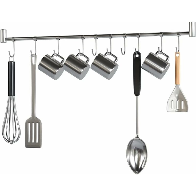 Porta Utensili da Cucina in Acciaio Inox con 10 Ganci, Portapentole 58 cm Barra da Parete Carico Fino a 20Kg 