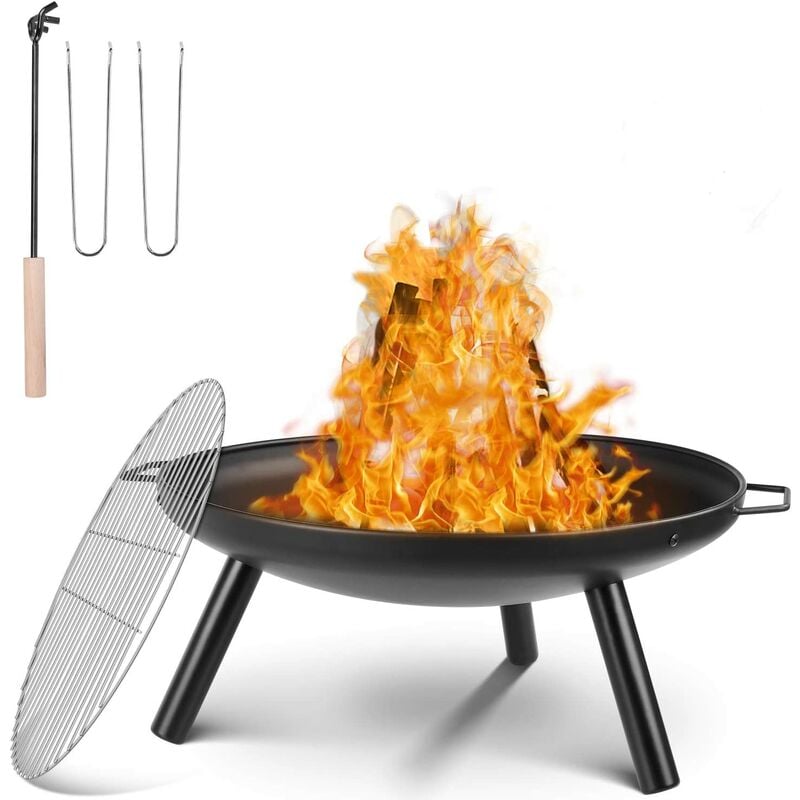 PEDY Hoguera al aire libre con parrilla, hoguera para jardín de Ø 59 cm con asas, atizador, parrilla, hoguera multifunción para calefacción / barbacoa para jardín, fiesta, camping (68x59x28,5cm)