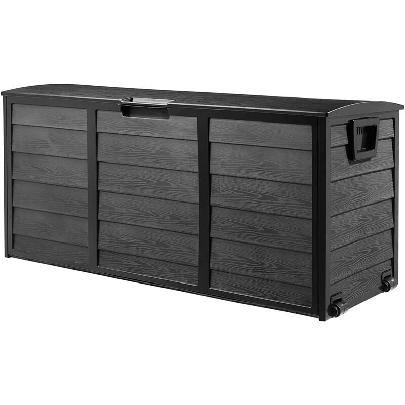 Arcón Exterior, Baúl Exterior para Jardín, Terraza Piscina o Balcón, 112 * 49 * 54cm, Capacidad de 460L, con Asas y Ruedas, Impermeable, Color Negro