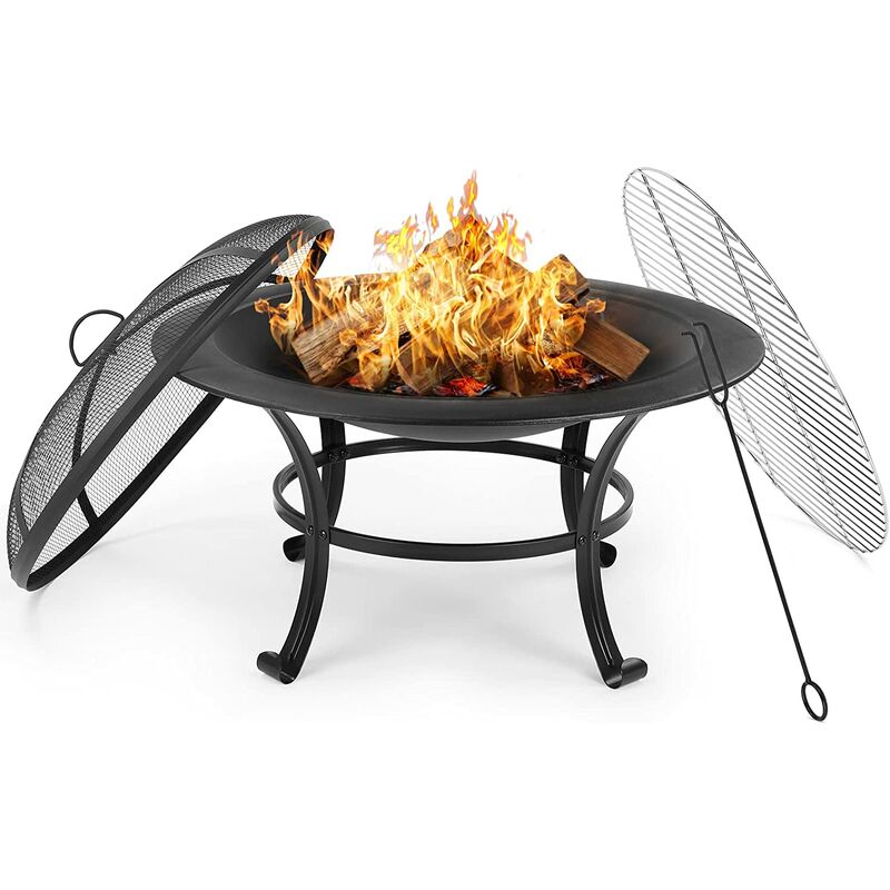 PEDY Brasero (φ76X56cm), chimenea 2 en 1 con parrilla para calentar / grill, brasero con protección contra chispas y atizador y red de carbón, brasero para el jardín de camping