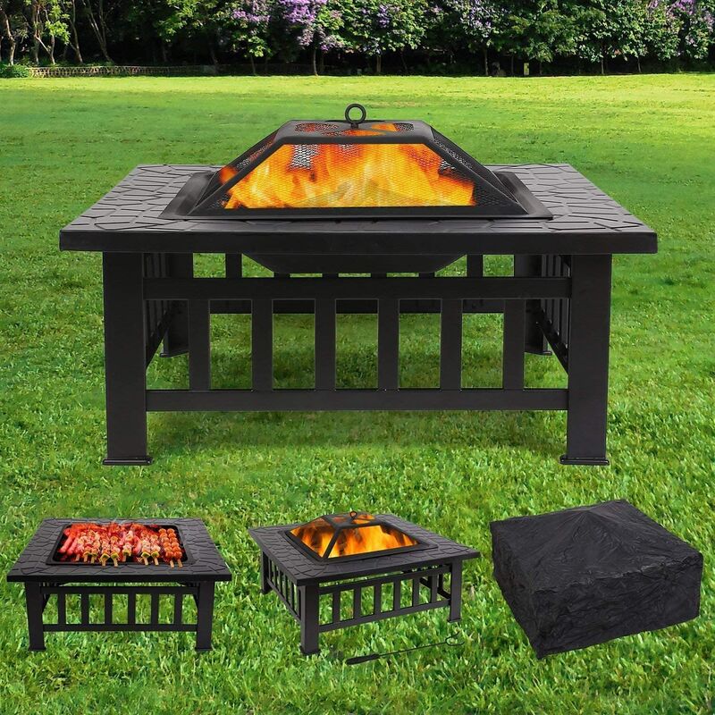 PEDY Feuerschale mit Grillrost, 81x81x45cm, Feuerkorb mit Funkenschutz, Feuerstelle Garten für Heizung/BBQ, Feuerschalen mit wasserfeste Schutzhülle, ,Quadratisch, Metall, für Garten, Hof, Terrasse