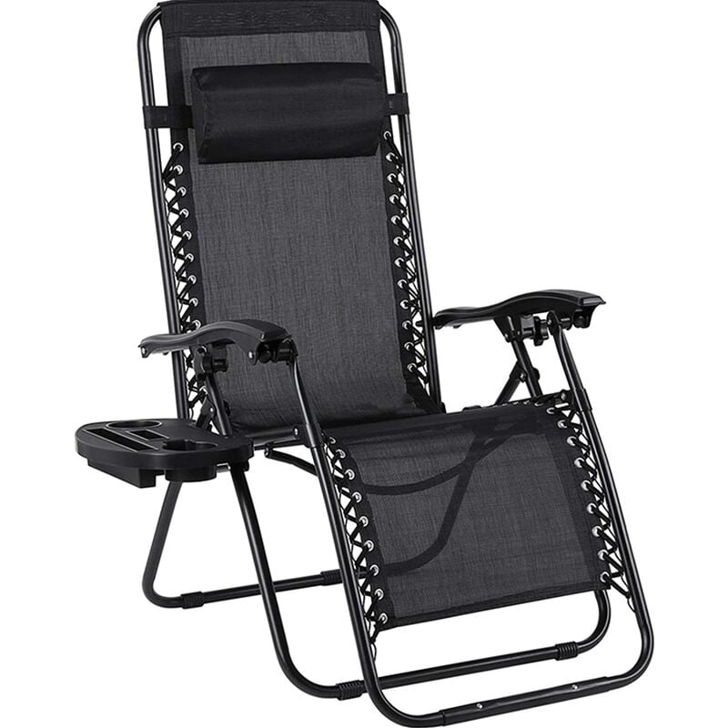 PEDY Tumbona Plegable con Soporte para Bebidas, Mecedoras Jardín para Exterior con Almohadilla Ajustable para la Cabeza, Ergonómica, Transpirable (Negro)