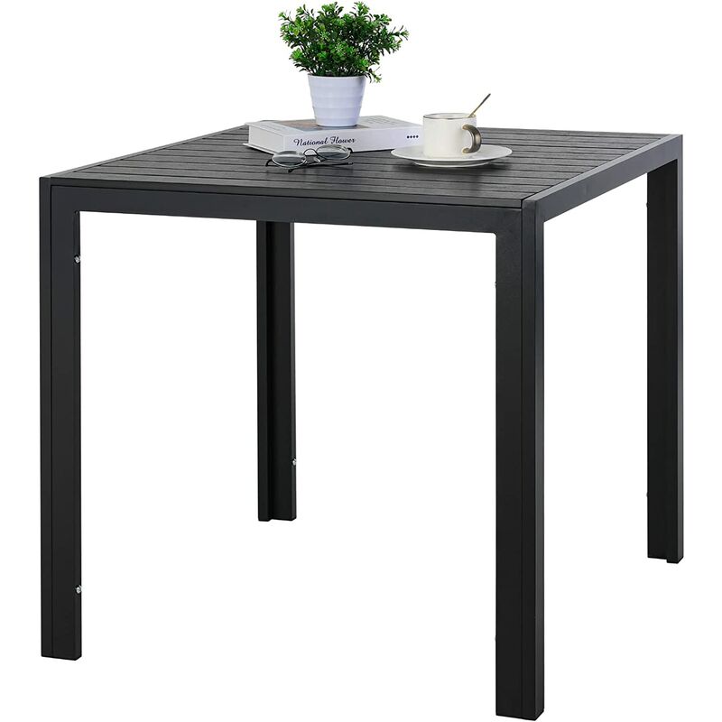 PEDY mesa de jardín de madera y plástico WPC aluminio, mesa de comedor, mesa bistró, mesa de balcón, mesa de patio, resistente al calor y a la intemperie, antideslizante, 75 x 75 x 72 cm, negro