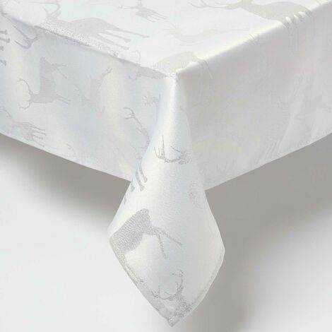 HOMESCAPES Silver Stag Christmas Table Cloth, 132 x 228 cm