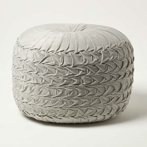 HOMESCAPES Grace Pleated Velvet Grey Pouffe (1/5)