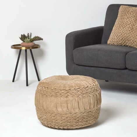 HOMESCAPES Sofia Pleated Velvet Taupe Pouffe