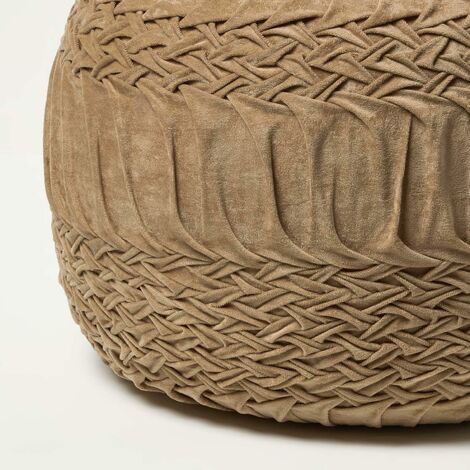 HOMESCAPES Sofia Pleated Velvet Taupe Pouffe