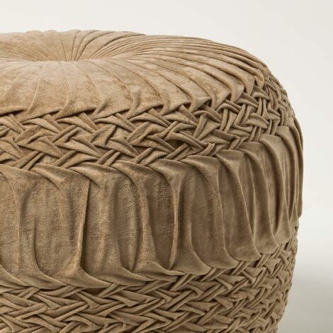 HOMESCAPES Sofia Pleated Velvet Taupe Pouffe