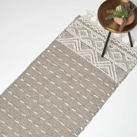 HOMESCAPES Patna Beige & Natural Kilim Runner Wool Rug 66 x 200 cm