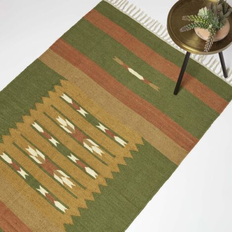 HOMESCAPES Lundi Orange & Green Kilim Cotton & Jute Rug 120 x 170 cm