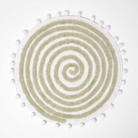 HOMESCAPES Spiral Sage Green Cotton Bath Mat with Pom Pom Edges