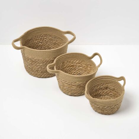 HOMESCAPES Set of 3 Woven Storage Baskets, Natural Grass and Rope (1/5)