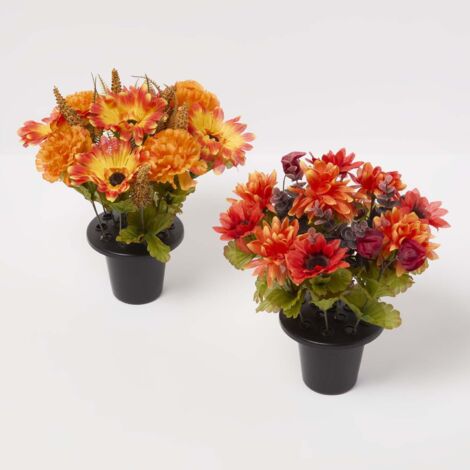 HOMESCAPES Artificial Foxtail Autumn Flowers in Grave Vases, Set of 2 (1/5)