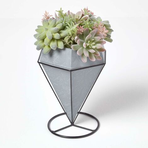 HOMESCAPES Artificial Cactus and Succulent Arrangement in Decorative Geometric Grey Pot, 31 cm Tall - Green