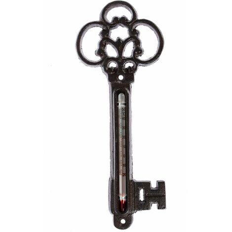 HOMESCAPES Brown Wall Mounted Cast Iron Decorative Key Thermometer (1/3)