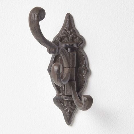 HOMESCAPES Ornate Hinged Cast Iron Wall Hook - Brown - Brown