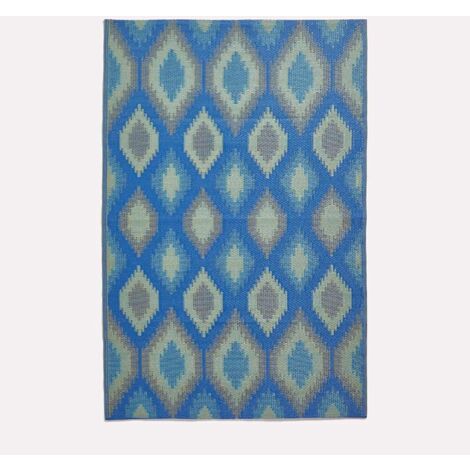 HOMESCAPES Outdoor Rug Waterproof, Blue Amber Ikat, 180 x 270 cm