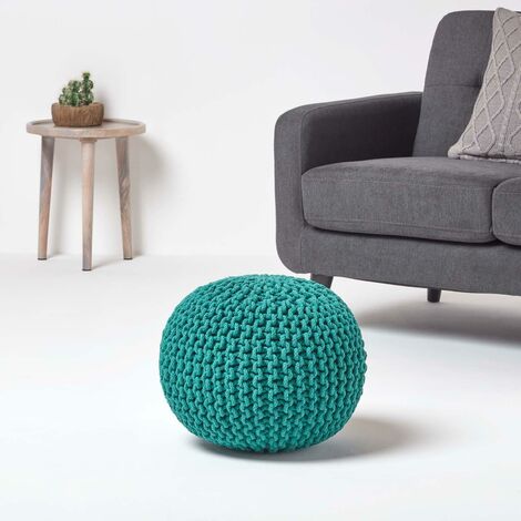 HOMESCAPES Teal Green Round Cotton Knitted Pouffe Footstool