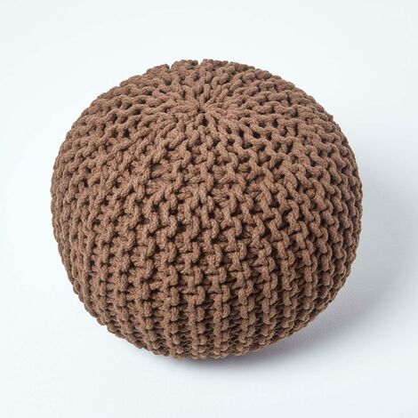 HOMESCAPES Chocolate Brown Round Cotton Knitted Pouffe Footstool