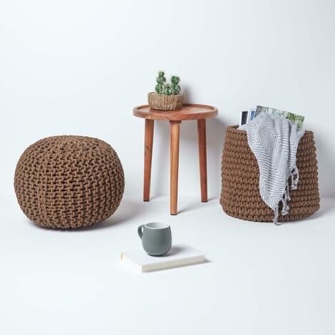 HOMESCAPES Chocolate Brown Round Cotton Knitted Pouffe Footstool
