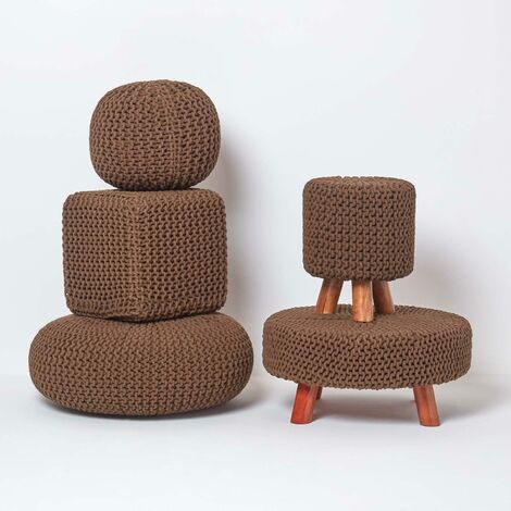 HOMESCAPES Chocolate Brown Round Cotton Knitted Pouffe Footstool