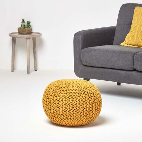 HOMESCAPES Mustard Round Cotton Knitted Pouffe Footstool
