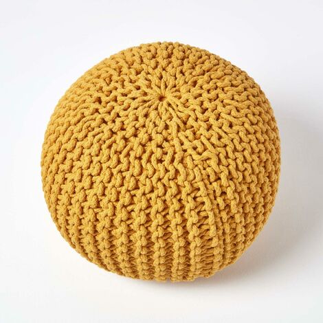 HOMESCAPES Mustard Round Cotton Knitted Pouffe Footstool