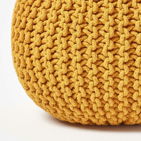 HOMESCAPES Mustard Round Cotton Knitted Pouffe Footstool