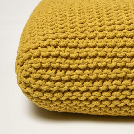 HOMESCAPES Yellow Square Cotton Knitted Pouffe Floor Cushion