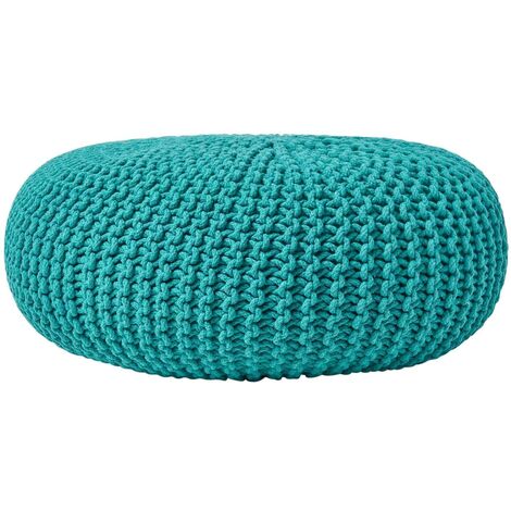 HOMESCAPES Teal Green Large Round Cotton Knitted Pouffe Footstool