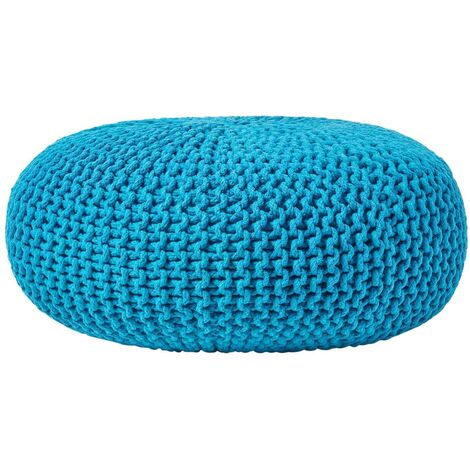 HOMESCAPES Teal Blue Large Round Cotton Knitted Pouffe Footstool