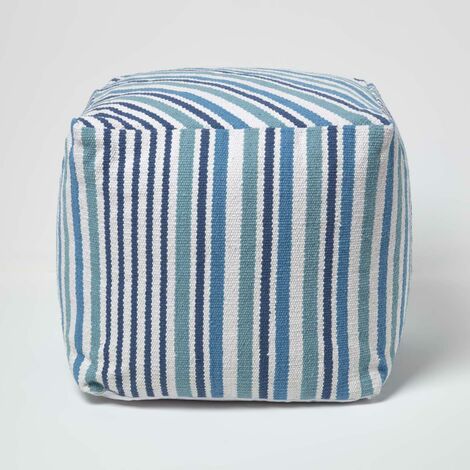 HOMESCAPES Blue and White Stripe Cube Square Footstool 40 x 40 x 40 cm