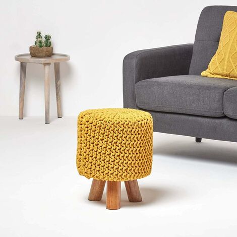 HOMESCAPES Mustard Tall Cotton Knitted Footstool on Legs