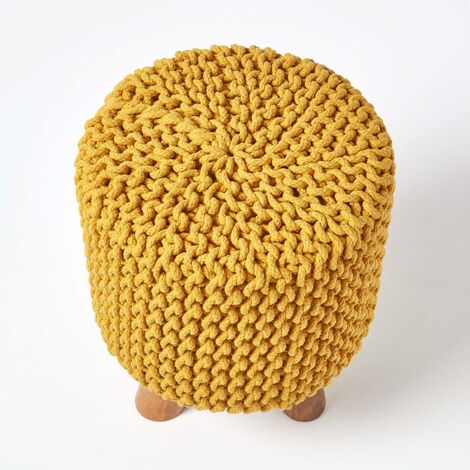HOMESCAPES Mustard Tall Cotton Knitted Footstool on Legs