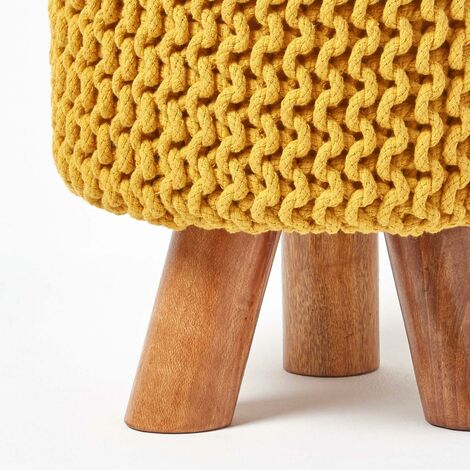 HOMESCAPES Mustard Tall Cotton Knitted Footstool on Legs