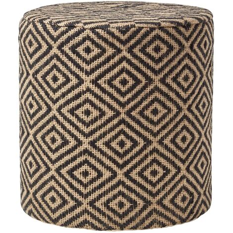 HOMESCAPES Jute Round Pouffe Black and Off-White Herringbone Pattern, 40 x 40 x 42 cm
