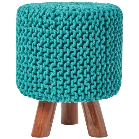 HOMESCAPES Teal Green Tall Cotton Knitted Footstool on Legs (1/5)