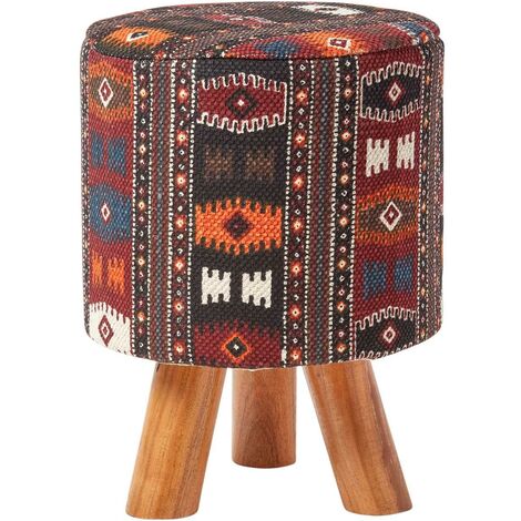 HOMESCAPES Tall Kilim Footstool with Wooden Legs