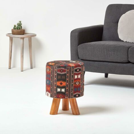 HOMESCAPES Tall Kilim Footstool with Wooden Legs