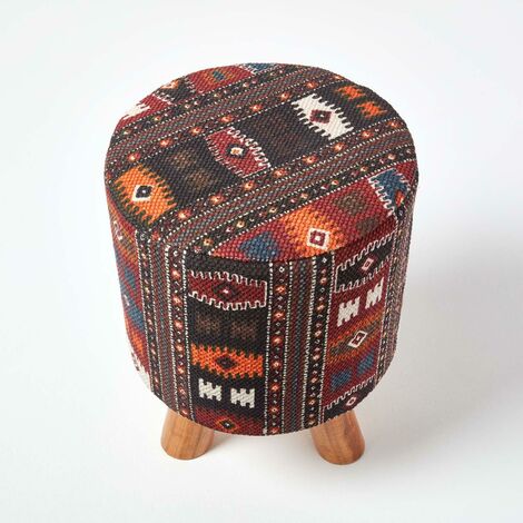 HOMESCAPES Tall Kilim Footstool with Wooden Legs