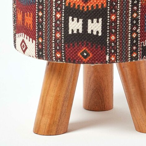 HOMESCAPES Tall Kilim Footstool with Wooden Legs