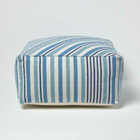 HOMESCAPES Blue and White Stripe Beanbag Cube Pouffe Large 60 x 60 x 30 cm