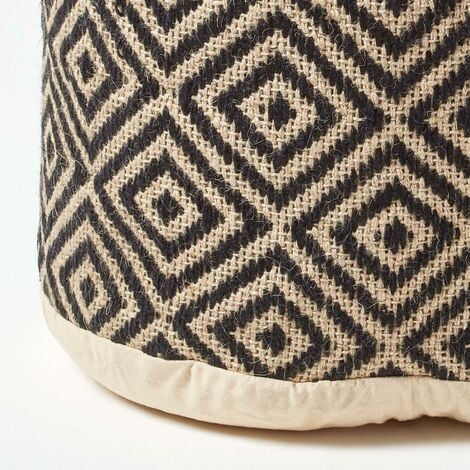 HOMESCAPES Black and Cream Aztec Style Jute Footstool Beanbag Round 45 x 40 cm