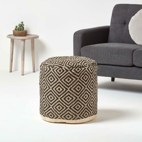 HOMESCAPES Black and Cream Aztec Style Jute Footstool Beanbag Round 45 x 40 cm